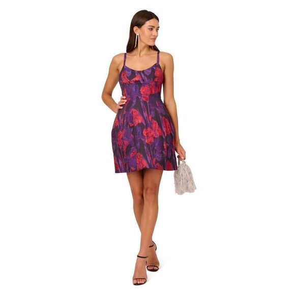 LIV FOSTER FLORAL JACQUARD MINI DRESS WITH SPAGHETTI STRAPS IN PURPLE MULTI - Picture 1 of 8
